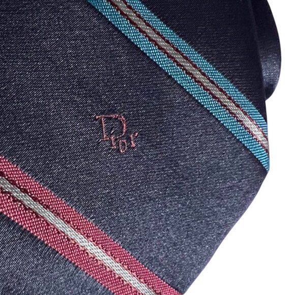 Christian Dior Men's Blue Striped Silk Blend Necktie - Picture 2 of 9